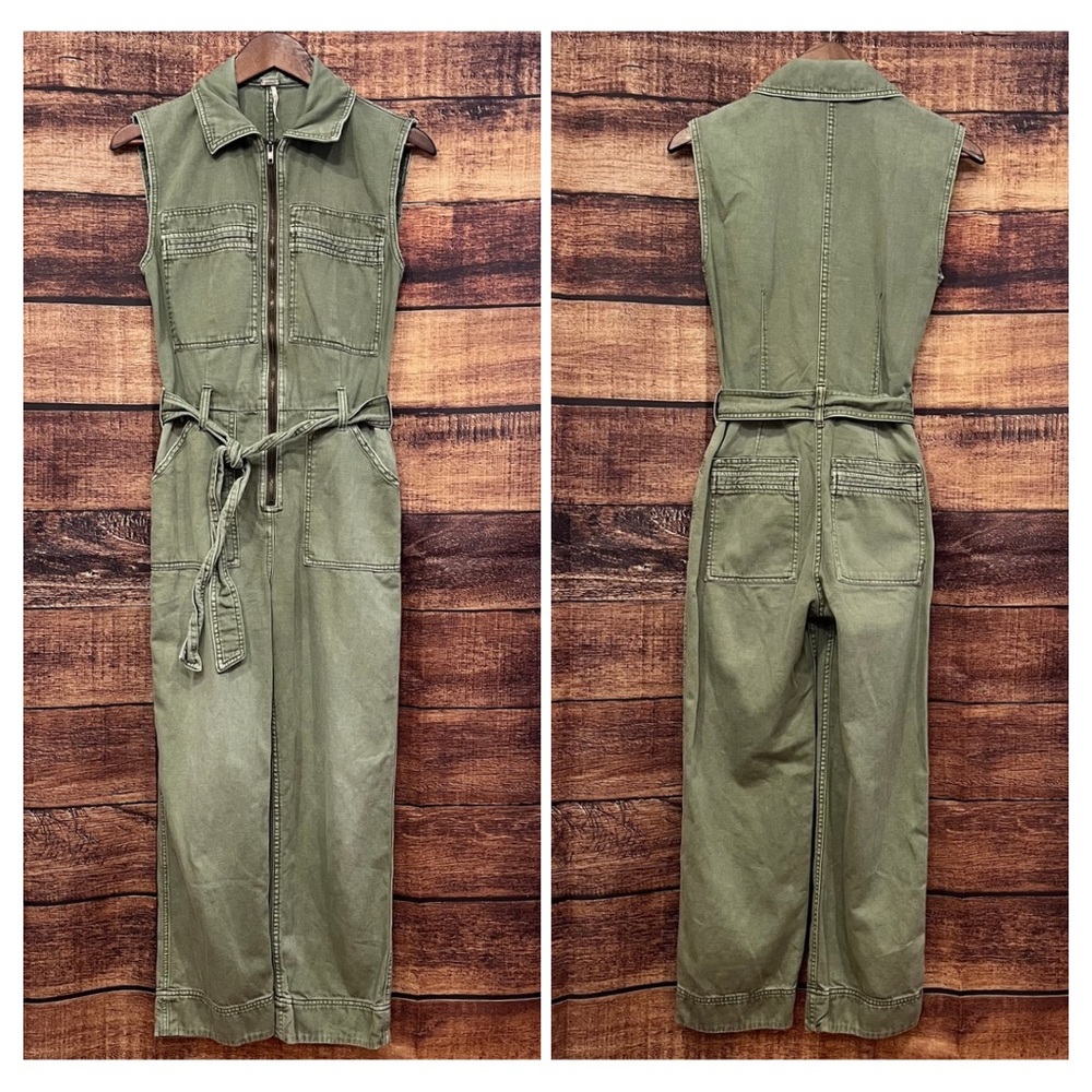 Free People Olive Green Denim Sleeveless Mechanic Zippered Denim Jumpsuit size 0